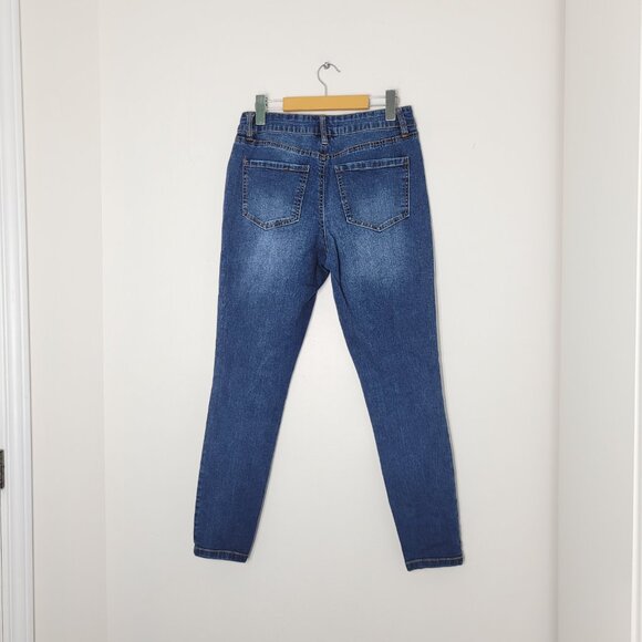 Refuge Women's Blue Denim Distressed Mid Rise Front Zipper Casual Skinny Jeans - Picture 8 of 12